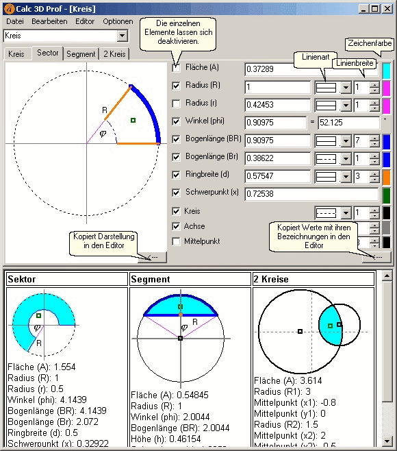 Flche von Kreis, Sektor, Segment